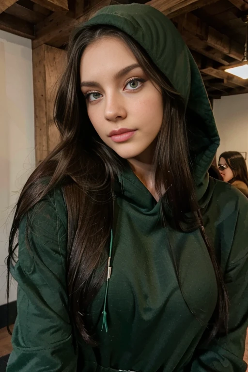 Brunette long hair, black long hair, emerald green eyes, big green eyes, cute nose, sexy lips, perfect face shape, 25 years old model, hood type outfit outfit, selfie perspective perfect camera phone
