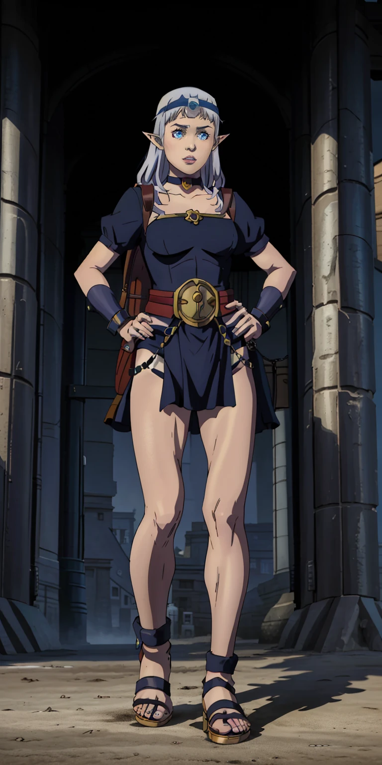 full body, whole body. 1solo (girl). slave fighter, loincloth standing, hands on hips full body, whole body. 1solo (girl). slave fighter, loincloth standing, hands on hips, metal sandals, backpack, choker, big belt, view from below, feet together, bracers, tiara