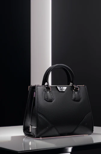 most sophisticated women's handbag made with leather and silver trim, black+ white+ blush colors, product photography, spacious interior, versatile design, displayed on polished reflective tabletop, reflection, concert lighting, nightclub lighting, glamorous- directional- lighting, Octane render, refined elegance, extreme detail, set against clean and dark gray background:: --v 5 --q 2