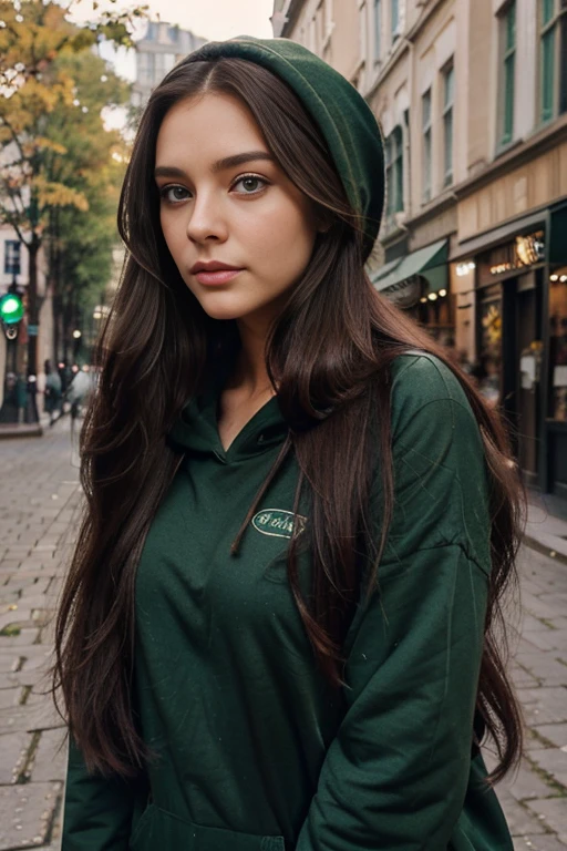 Brunette long hair, black long hair, emerald green eyes, big green eyes, cute nose, sexy lips, perfect face shape, 25 years old model, hood type outfit outfit, selfie perspective perfect camera phone