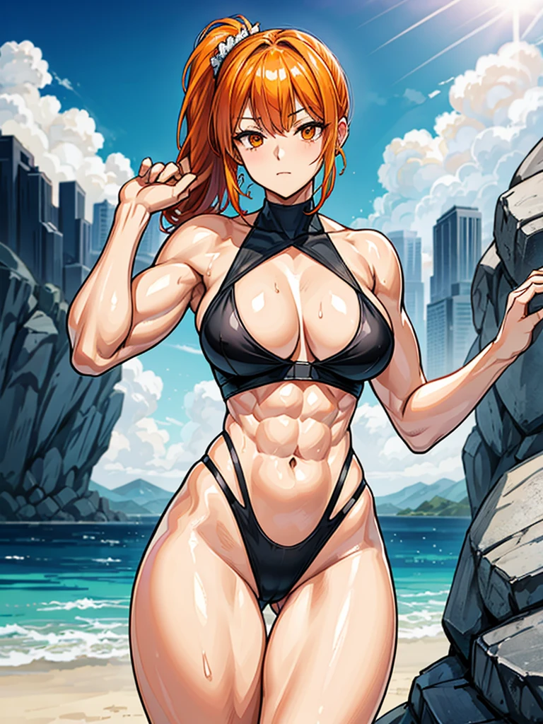 （（（masterpiece、Highest image quality、highest quality、highly detailed unity 8ｋwallpaper）））、（（Illustration of one girl））、（（（beautiful girl）））、（（orange hair、side ponytail、sidelocks：1.3、orange eyes））、（（（stocky build：1.2, thickset physique：1.3, muscular legs, broad shoulders：1.3, solid chest：1.2）））、swimsuit、sandy beach