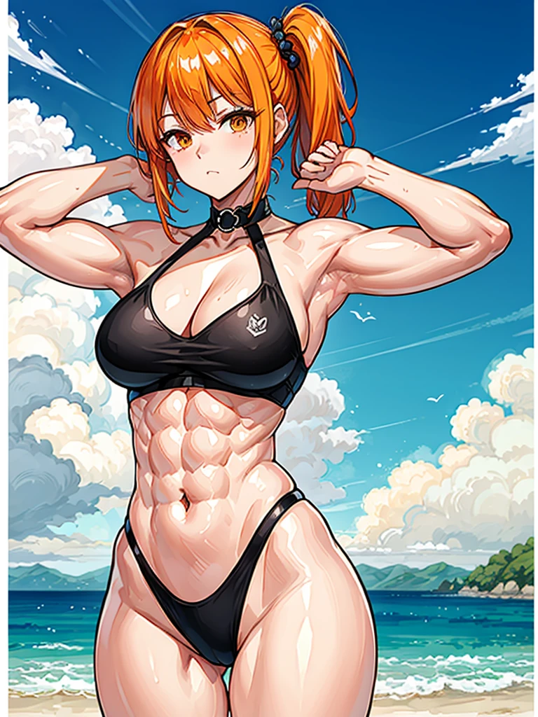 （（（masterpiece、Highest image quality、highest quality、highly detailed unity 8ｋwallpaper）））、（（Illustration of one girl））、（（（beautiful girl）））、（（orange hair、side ponytail、sidelocks：1.3、orange eyes））、（（（stocky build：1.2, thickset physique：1.3, muscular legs, broad shoulders：1.3, solid chest：1.2）））、swimsuit、sandy beach