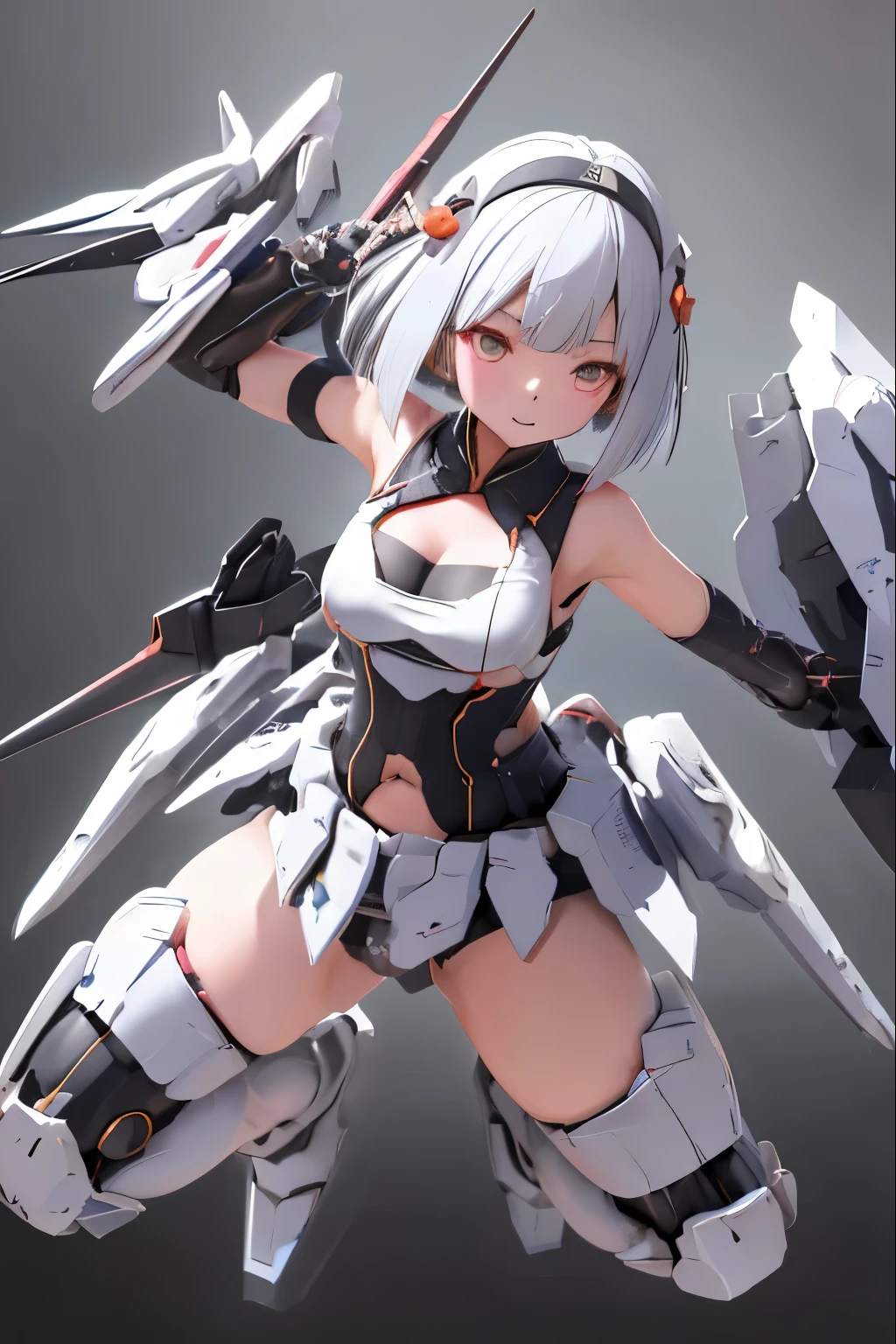 (highest quality)), ((masterpiece)), (very detailed: 1.3), 3D, {(japanese young girl)}, ((wears a futuristic Gundam mecha)),(Gundam), with headgear, with v-fin , ((unarmored cleavage)), ((unarmored stomach)), ((unarmored upper arms)), ((unarmored face)), (unarmored hands), (unarmored waist), ((unarmored thighs)), (unarmored ankles), japanese girl wear light blue and white striped pantie under armor, multilayer textureperfect proportions, octane rendering, duotone lighting, Low ISO, wide aperture, White balance, Rule of thirds, ultra HD16k, HDR (High Dynamic Range), Ray Tracing, NVIDIA RTX, Super Resolution, Subsurface Scattering, PBR Texturing, Post Processing, Anisotropic Filtering, Depth of Field, Maximum Clarity and Clarity, High efficiency subpixel, subpixel convolution, particles of light, light scattered, Tyndall effect, full body:1.5, battle pose, cute, (cute:1.2), (bob cut:1.3),三つ編み, 黒髪, 太い眉毛, 薄い色の虹彩, 大きくて輝いている黒い瞳, 長いまつげ, 小さく薄い色の自然な唇, (Average face of Japanese idols), (日本人特有の童顔:1.3), (baby face), 広いおでこ:1.2, ふっくらした頬, 小さな顎, open legs, spread feet, visible side boob, (mechanical wings), (holding huge weapon:1.2), holding Very large shield, in the hangar,looking at viewer,Focus on the eyes