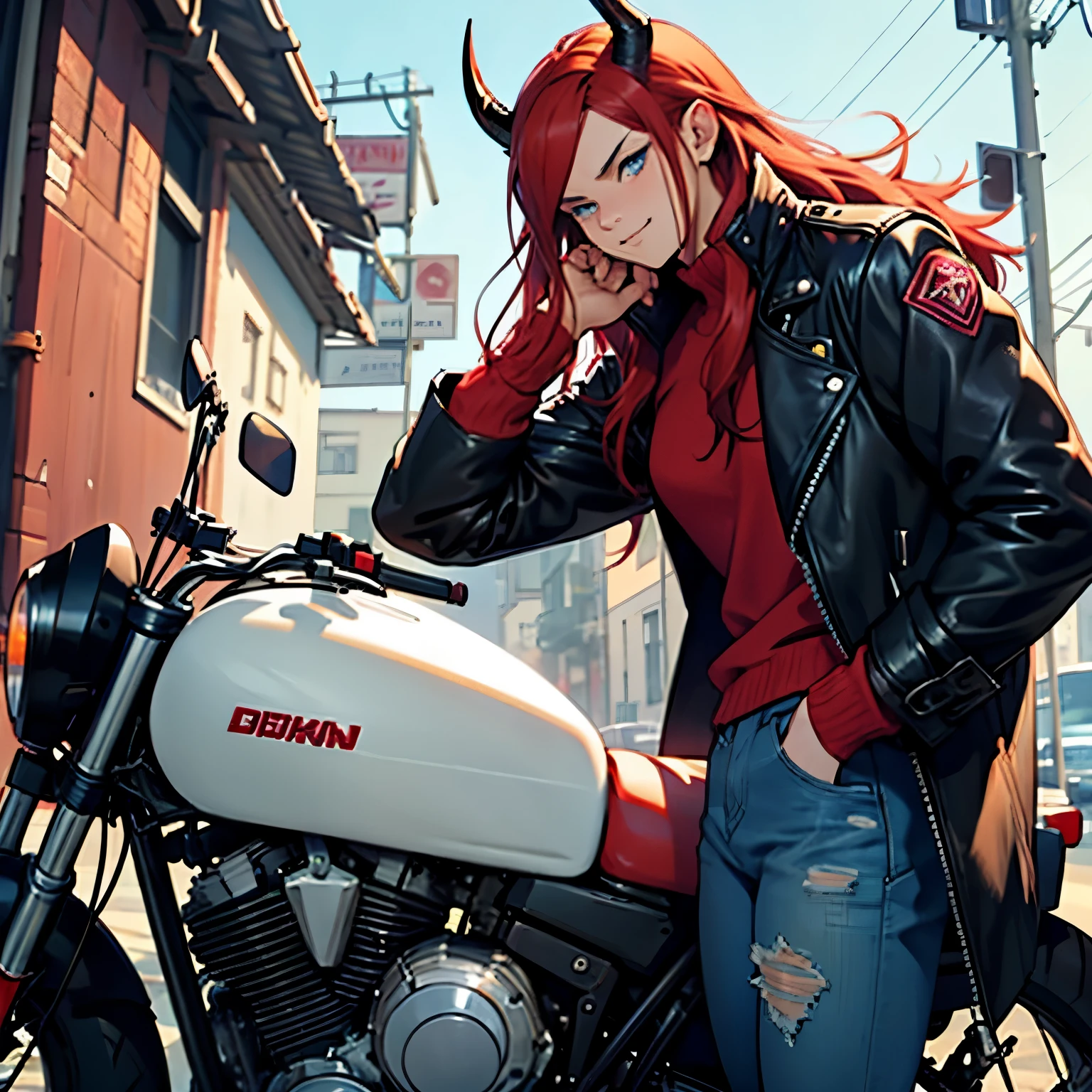 1 girl, smug-faced, embarrassed, wearing a leather coat, demon horns and tail, red hair, light blue eyes, wearing torn pants, leaning against a motorbike, long hair
