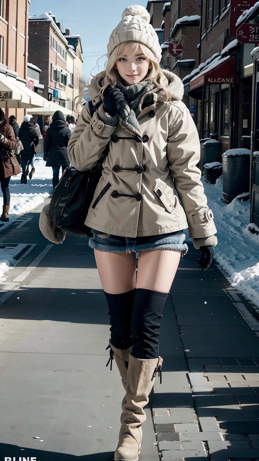 25-year-old Caucasian woman、platinum blonde、blue eyes、semi-long、my hair is wavy、smile、My abs are cracked、smile、slim muscular body、I don&#39;t want my head to disappear from the screen.、Wearing a duffel coat、wearing mitten gloves、I&#39;m in a snowy town、wearing a woolen hat、I&#39;m wearing a muffler、Walking around the city、I&#39;m wearing short boots