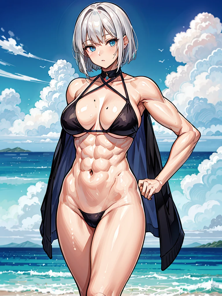 (((masterpiece、Highest image quality、highest quality、highly detailed unity 8kwallpaper)))、((Illustration of one girl))、(((beautiful girl)))、((white hair、short hair、crew cut:1.2、light blue eyes))、(((stocky build, thickset physique, muscular legs, broad shoulders, solid chest:1.wimsuit、sandy beach