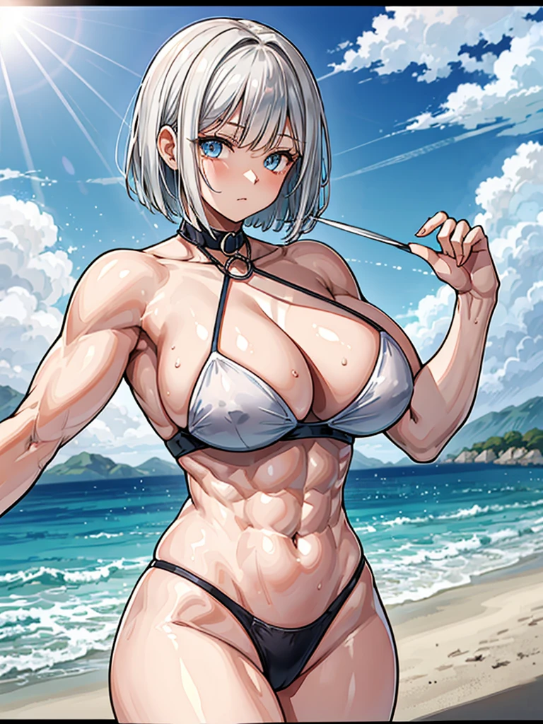 (((masterpiece、Highest image quality、highest quality、highly detailed unity 8kwallpaper)))、((Illustration of one girl))、(((beautiful girl)))、((white hair、short hair、crew cut:1.2、light blue eyes))、(((stocky build, thickset physique, muscular legs, broad shoulders, solid chest:1.3)))、swimsuit、sandy beach