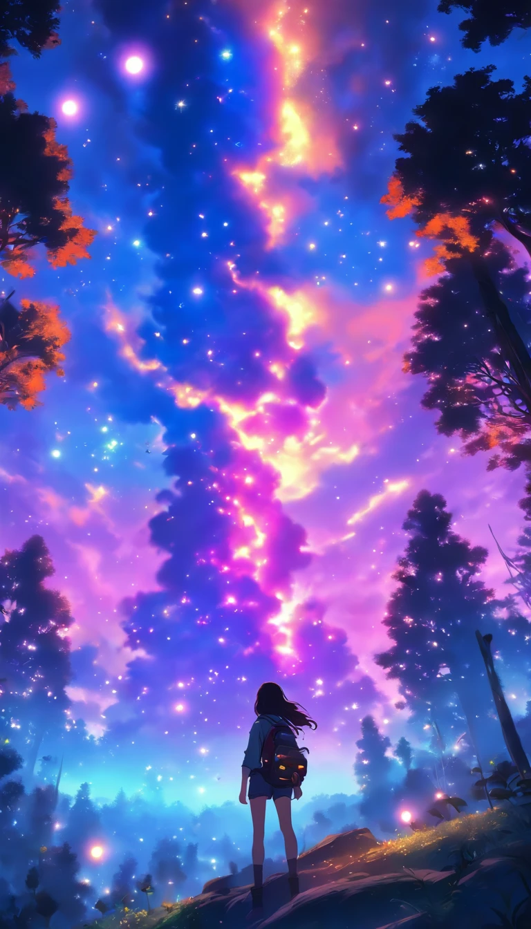 Expansive landscape photograph, (view from below with a view of the sky and wilderness below), (long-sleeved top, denim shorts, carrying a backpack), (dynamic pose:1.3, black eyes, black hime-cut long hair, sparkling girl)[:0.8] standing in a flower field looking up, (full moon: 1.2), (shooting star: 0.9), (nebula: 1.3), distant mountain, tree break production art, (warm light source: 1.2), (firefly: 1.2), lamp, purple and orange, intricate detail, volume lighting, realism break (masterpiece: 1.2) (Best Quality), 4K, Ultra-Detailed, (Dynamic Configuration: 1.4), Highly Detailed and Colorful Details, (Iridescent Colors: 1.2), (Glowing Lighting, Atmospheric Lighting), Dreamy, Magical, (Solo: 1.2)