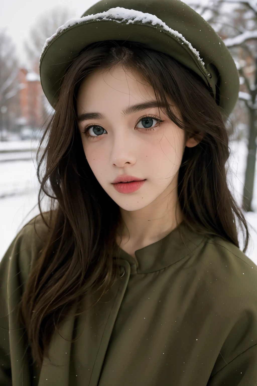 (best quality,4K,high resolution,masterpiece:1.4),Super detailed,Very detailed,sharp focus,Surreal:1.4,professional,HD images,bright colors,Bokeh,Beautiful and delicate eyes,Beautiful and delicate lips,long eyelashes,Romantic atmosphere,soft light,Contrast light and shadow,Lighting effects,high nose bridge,high nose bridge,young,Lively,Chubby cheeks,charming,graceful curves,full,The streets of Moscow,European girl,Snowing day,Kremlin background,Wearing a red star cotton hat,Olive green military uniform