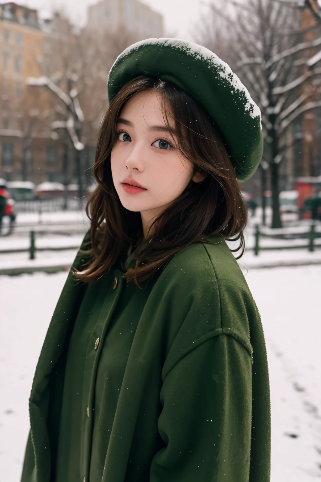 (best quality,4K,high resolution,masterpiece:1.4),Super detailed,Very detailed,sharp focus,Surreal:1.4,professional,HD images,bright colors,Bokeh,Beautiful and delicate eyes,Beautiful and delicate lips,long eyelashes,Romantic atmosphere,soft light,Contrast light and shadow,Lighting effects,high nose bridge,high nose bridge，young,Lively,Chubby cheeks,charming,graceful curves,full，The streets of Moscow，European girl，Snowing day，Kremlin background，Wearing a red star cotton hat，Olive green military uniform