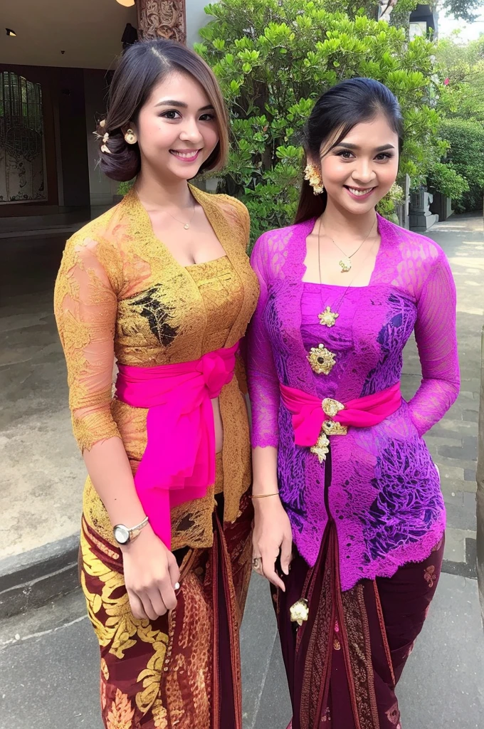 (Best quality, high resolution, Masterpiece: 1.3), a beautiful woman with a slender figure, (dark brown layered hairstyle), wearing a pendant, ((kebaya_bali)) outdoors, scenic beauty, Ambara Raja Lion Statue with a distant background, details in face and skin texture beautifully rendered, details eyes, (best quality, high resolution, masterpiece: 1.3), a beautiful woman with a slim figure, (dark brown layered hairstyle),((kebaya_bali)), outdoors, background random, details in face and skin texture beautifully rendered, detail eyes, double eyelids, seductive laugh, feminine laugh, seductive pose