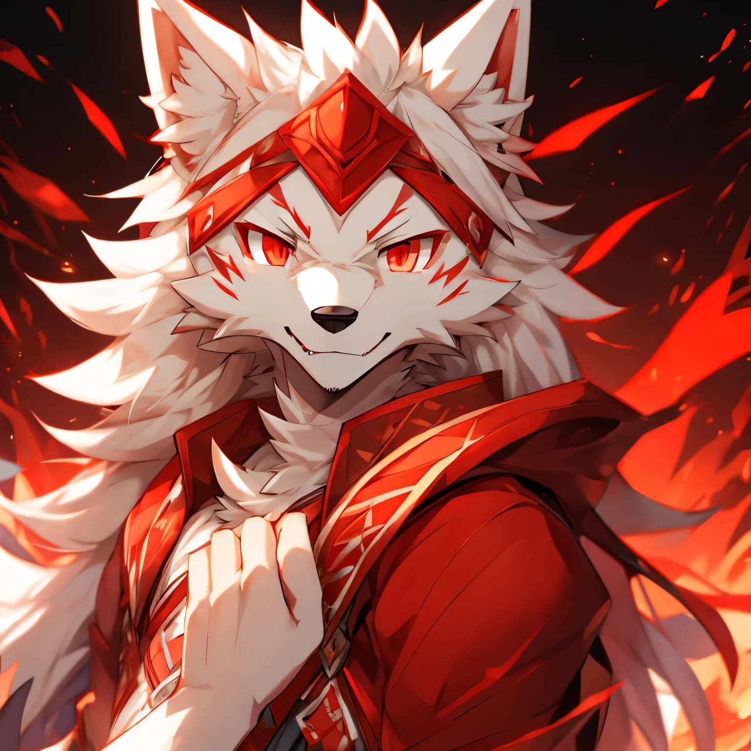 white wolf，There is a trace of red on the forehead，Red eyes，