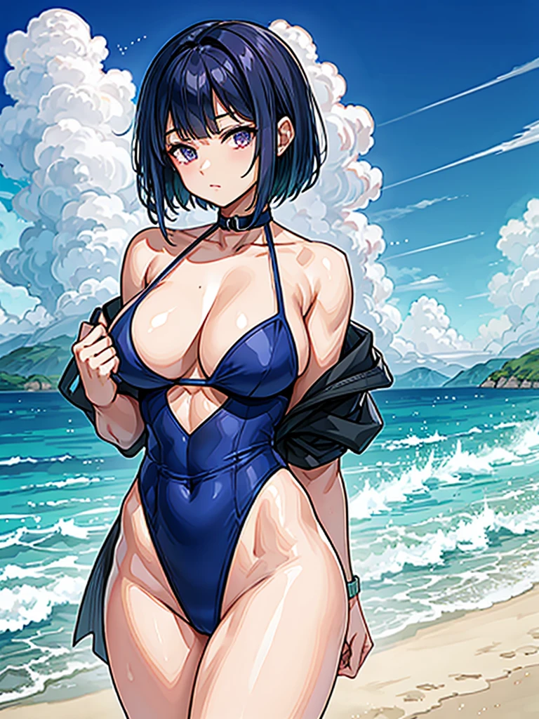 (((masterpiece、Highest image quality、highest quality、highly detailed unity 8kwallpaper)))、((Illustration of one girl))、(((beautiful girl)))、((green hair、pixie cut:1.3、sidelocks、purple eyes))、(stocky build, thickset physique, muscular legs, broad shoulders:1.2, solid chest:1.3)、swimsuit、sandy beach