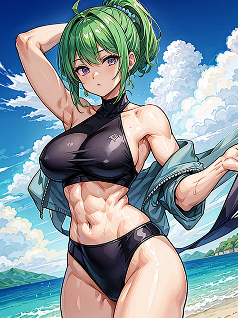 (((masterpiece、Highest image quality、highest quality、highly detailed unity 8kwallpaper)))、((Illustration of one girl))、(((beautiful girl)))、((green hair、pixie cut:1.3、sidelocks、purple eyes))、(stocky build, thickset physique, muscular legs, broad shoulders:1.2, solid chest:1.3)、swimsuit、sandy beach
