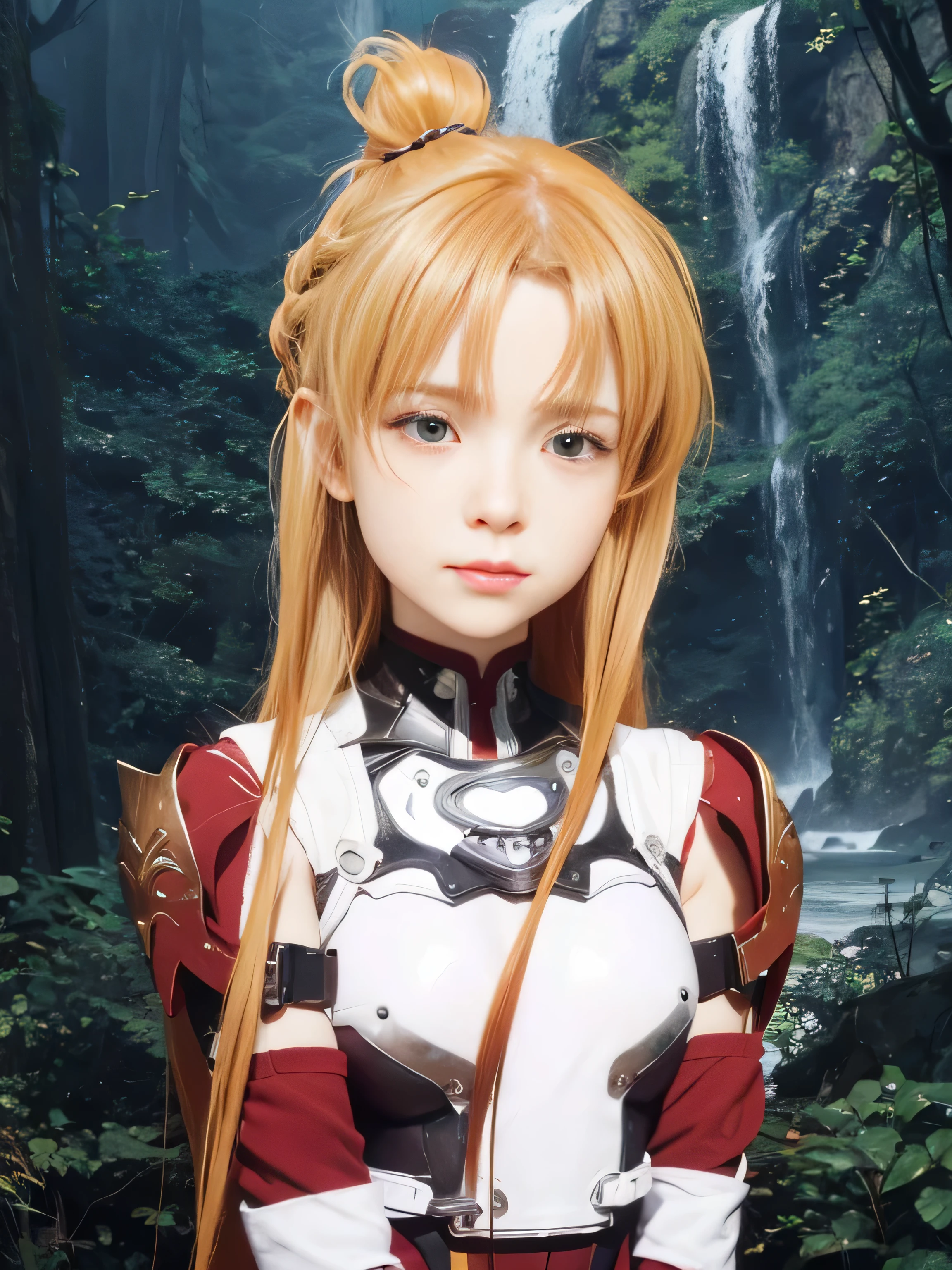 masterpiece, best quality, (realistic,photo-realistic:1.4), (RAW photo:1.2), extremely detailed CG unity 8k wallpaper, delicate and beautiful, amazing,finely detail, official art, absurdres, incredibly absurdres, huge filesize, ultra-detailed,extremely detailed eyes and face,light on face,little smile,asuna yuuki,(caramel hair:1.4),(wearing armored bodysuit:1.4),jungle background,long hair