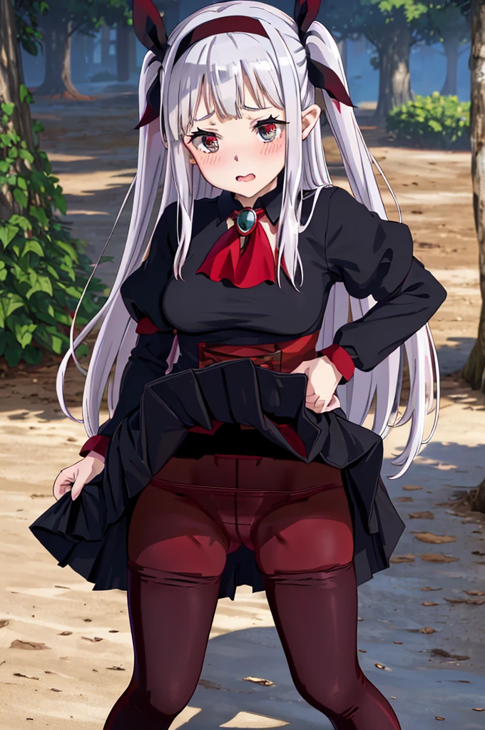 masterpiece,best quality,highres,ultra-detailed,aaloo,long hair,two side up,bangs,hair ribbon,(black hairband:1.2),breasts,brooch,red ascot,black dress,long sleeves,puffy sleeves,black skirt,(red pantyhose:1.2),black footwear,(skirt lift:1.4),(panties under pantyhose:1.4),blush,(embarrass:1.2),outdoors,garden,