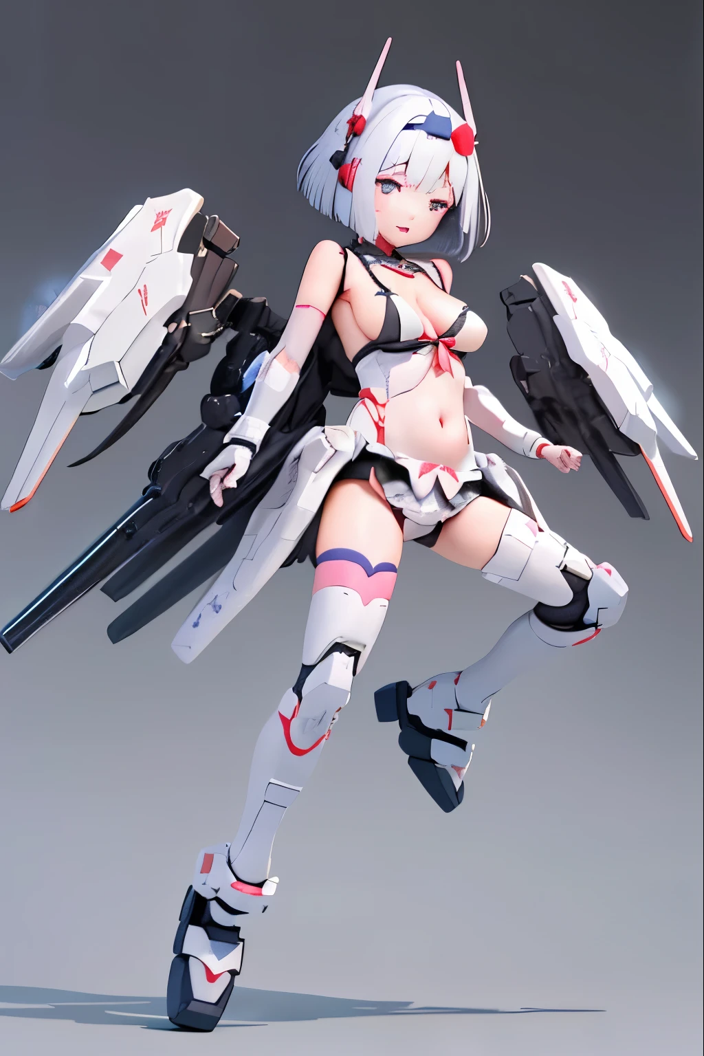 (highest quality)), ((masterpiece)), (very detailed: 1.3), 3D, {(japanese young girl)}, ((wears a futuristic Gundam mecha)),(Gundam), with headgear, with v-fin , ((unarmored cleavage)), ((unarmored stomach)), ((unarmored upper arms)), ((unarmored face)), (unarmored hands), (unarmored waist), ((unarmored thighs)), (unarmored ankles), japanese girl wear light blue and white striped pantie under armor, multilayer textureperfect proportions, octane rendering, duotone lighting, Low ISO, wide aperture, White balance, Rule of thirds, ultra HD16k, HDR (High Dynamic Range), Ray Tracing, NVIDIA RTX, Super Resolution, Subsurface Scattering, PBR Texturing, Post Processing, Anisotropic Filtering, Depth of Field, Maximum Clarity and Clarity, High efficiency subpixel, subpixel convolution, particles of light, light scattered, Tyndall effect, full body:1.5, battle pose, cute, (cute:1.2), (bob cut:1.3),三つ編み, 黒髪, 太い眉毛, 薄い色の虹彩, 大きくて輝いている黒い瞳, 長いまつげ, 小さく薄い色の自然な唇, (Average face of Japanese idols), (日本人特有の童顔:1.3), (baby face), 広いおでこ:1.2, ふっくらした頬, 小さな顎, open legs, spread feet, visible side boob, (mechanical wings), (holding huge weapon:1.2), holding Very large shield, in the hangar,looking at viewer,Focus on the eyes