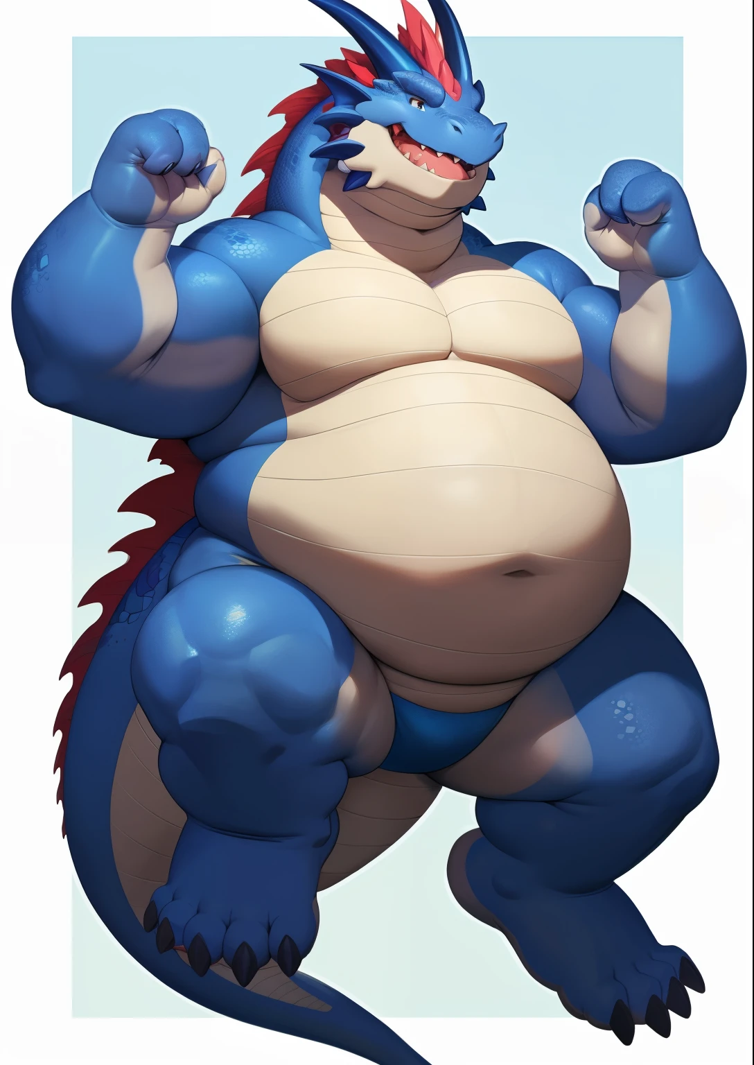 blue genitalia,solo,male people,chubbiness,small fat,Bare-chested,victory pose,Dragon Man, solo, Detailed pubic hair, A high resolution,, tmasterpiece,Excessive obesity,Obesity in the extremities,Lift your feet,foot in the air,Correct body proportions,qinglong,overweight,clodsire