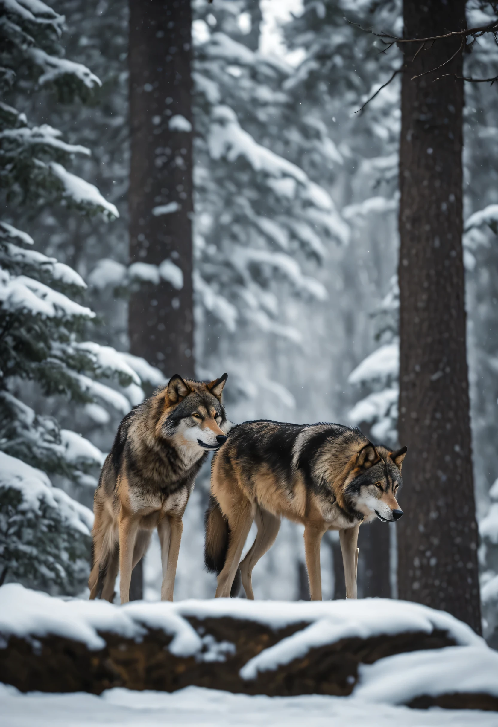 Two wolves nestled in a winter wonderland, their silhouettes against the backdrop of a dense pine forest covered in snow, a gentle breeze carrying the scent of pine, evoking a sense of calm and mystery, Photography, DSLR with a 50mm lens, capturing the natural essence of the scene,