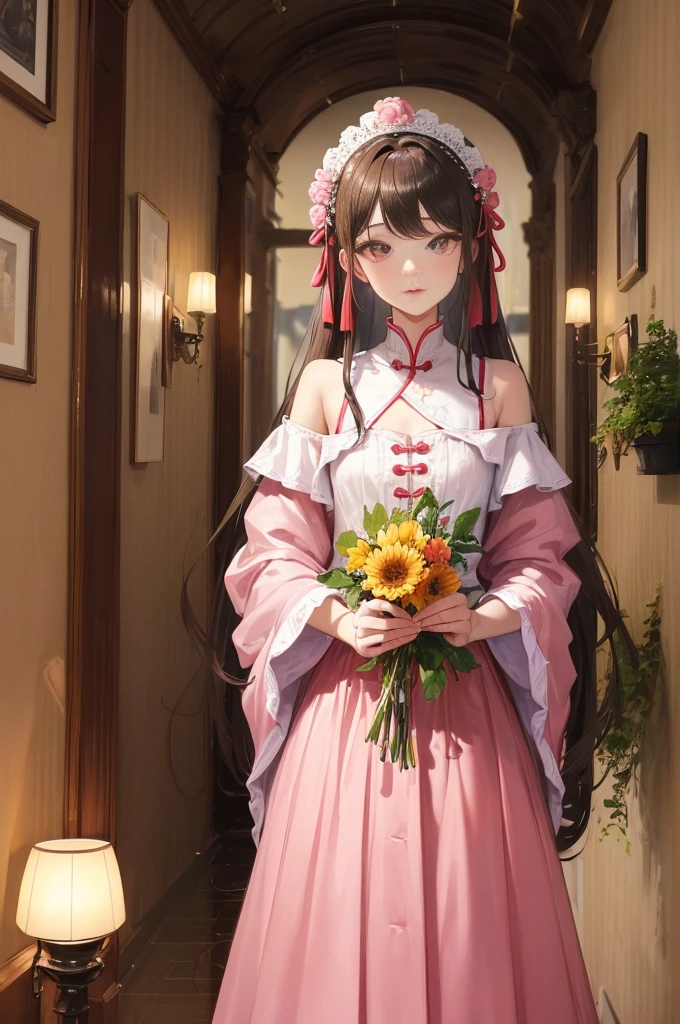masterpiece, best quality, seaside, banquet, 1 female, mature woman, elegant, Chinese style, China, elder sister, Royal elder sister, happy, meatball head, light brown hair, pink eyes, Gorgeous headdress, Light pink lips, pink clothes, yarn clothing, intellectuals, Full bangs, flat bangs, Flower bulbs, The face shape is delicate,