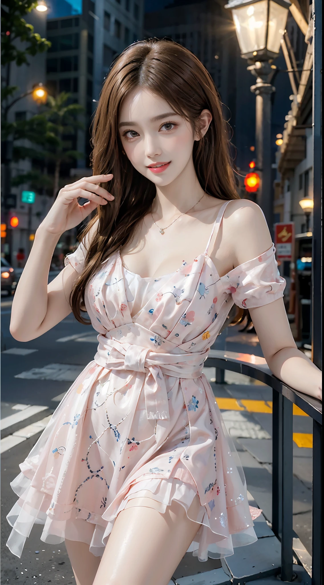 Sweet girl dress2,dress, ((full body)), ((leaning forward)), (上身前倾, 弯腰), ((from below)), ((realistic)), 1girll, posed for photo, Outdoor scene, the night, lamplight, Stand up, Pleasing posture, Eye-catching poses, pretty legs, looking at viewert, Detailed scenes, curlies, Air bangs, Beautiful hair accessories, Brownish-yellow hair, light make-up, Blushlush, Gloss on lips, (Campus style), warm lights, a warm color palette, Detailed details, 超詳細, (tmasterpiece, best qualtiy), (An extremely delicate and beautiful work), Delicate earrings, Delicate necklace, Simple blurred background, Extreme detail description, Ultra-fine painting, Delicate face, slim toned body, Slimming the waist, (grin, happy grin, Baring teeth), (anatomy correct)