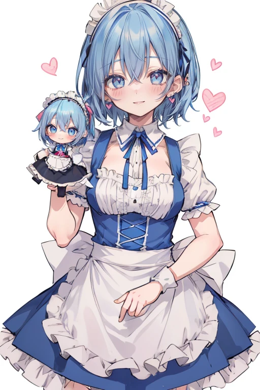 cute anime blue haired girl with pink doll and blue ribbon, maid, blue eyes, blue hair, maid headdress, apron, gloves, short hair, dress, heart, smile, white gloves, doll joints, jewelry, maid apron, joints, earrings, blush