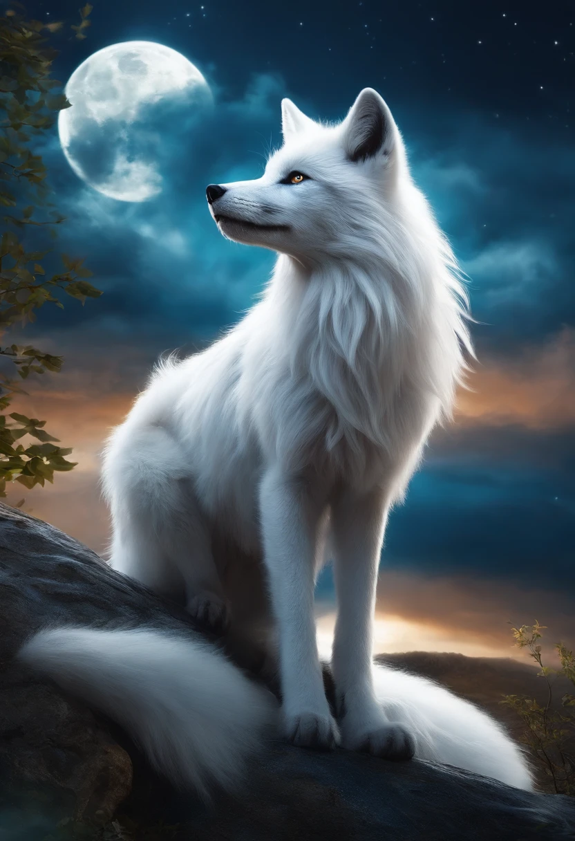 k hd,Mythical spirit beasts,Nine-tailed silver fox,Giant nine-tailed fox,White flull,Look at the moon