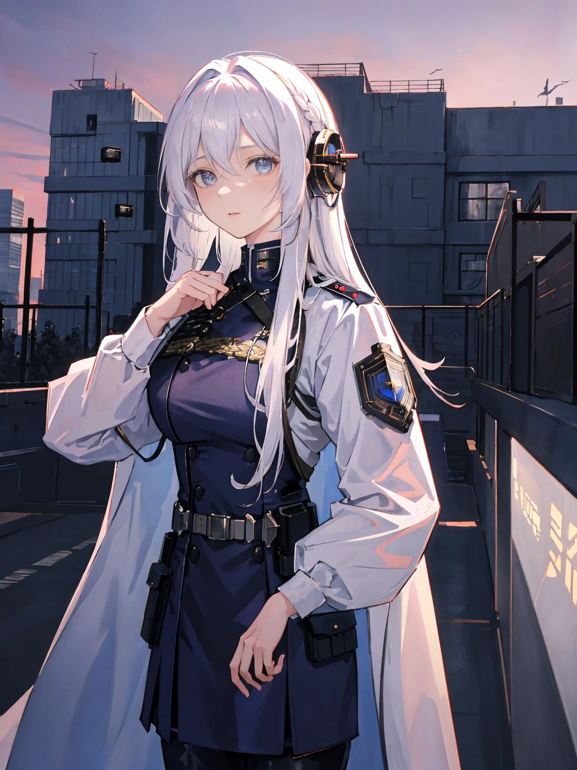 (masterpiece, best quality), white hair, long hair, looking at viewer, blue eyes, Sci-fi imagery, subtle steampunk, military uniforms, police-like organization uniforms, combat-friendly attire, partially armored, futuristic, functional, simple design, (1woman), 20 years old, upper body, Dawn, morning glow, light purple sky, pink clouds, the sky changing from the darkness of night to the light of morning,