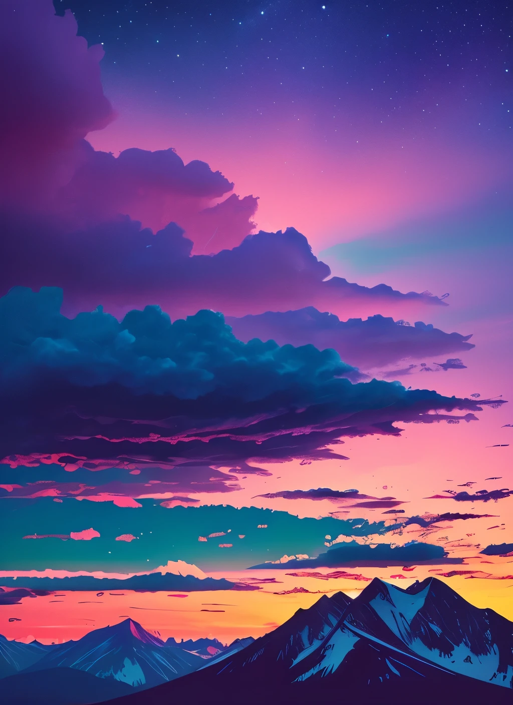 “The scene mountain in mauve color with color full clouds. The sky should be rendered in a nearly realistic, almost nighttime setting.”