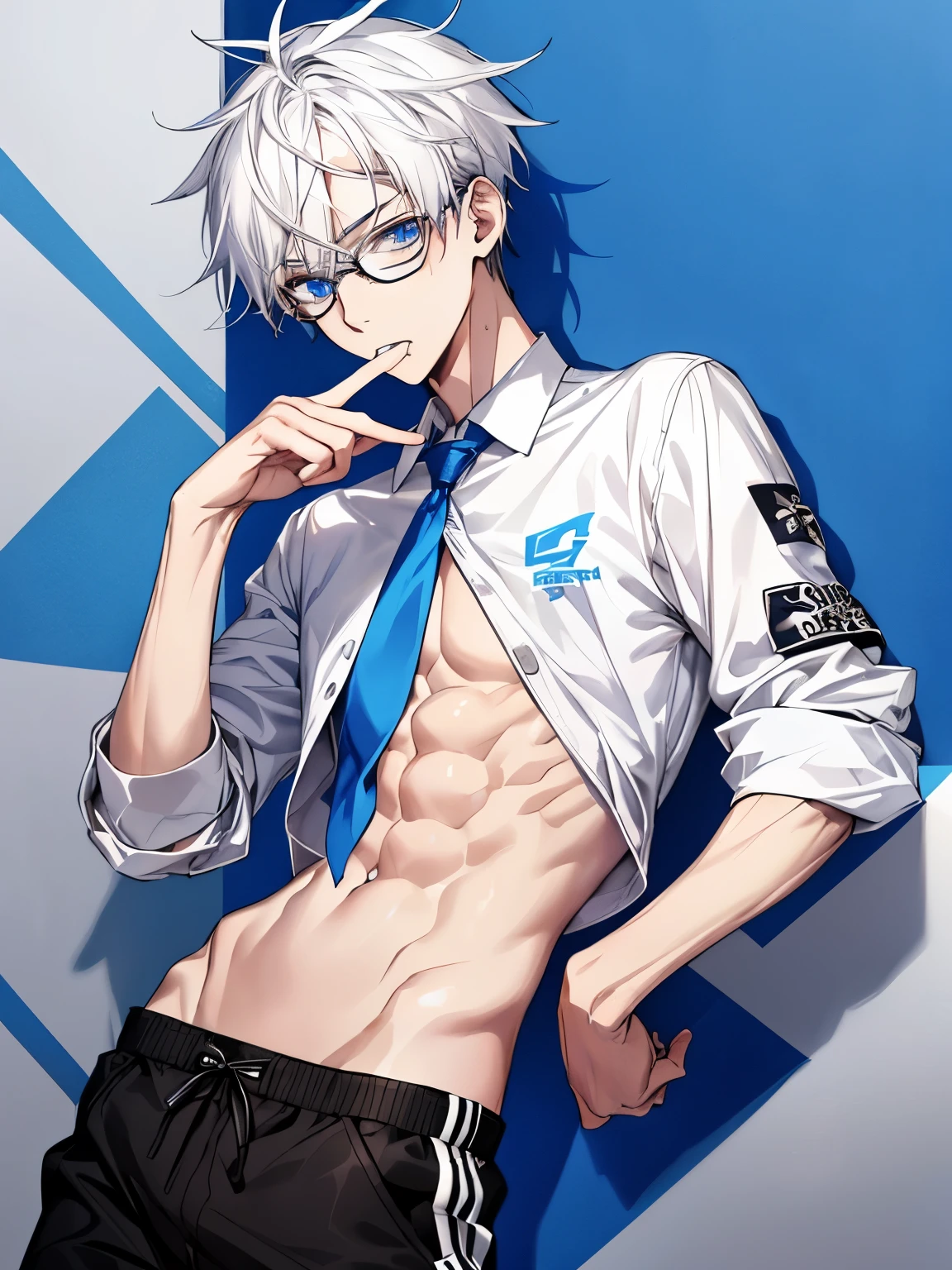 A slim male ager with white hair and blue eyes, wearing streetwear, glasses, biting shirt, showing abs