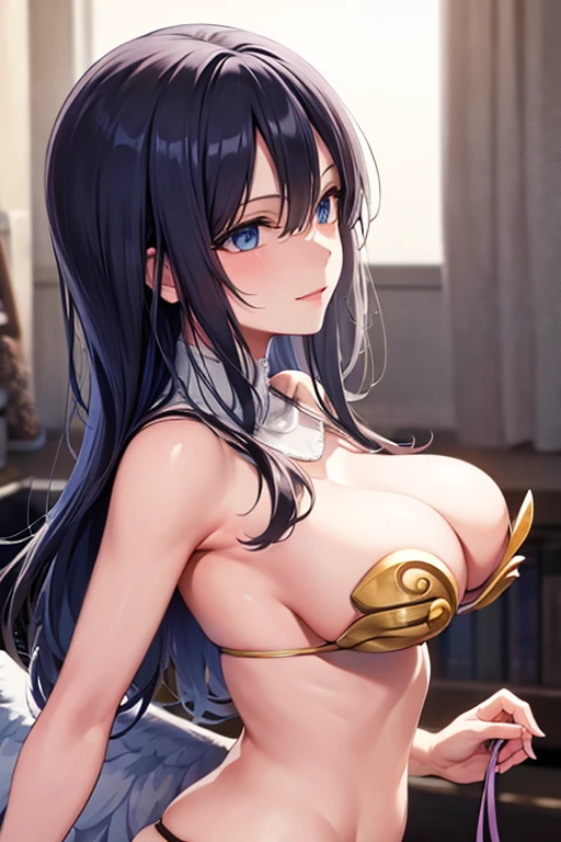 Black hair, blue eyes, large breast, sexy, beautiful body, bed, Masterpiece, angel, white wings, smile