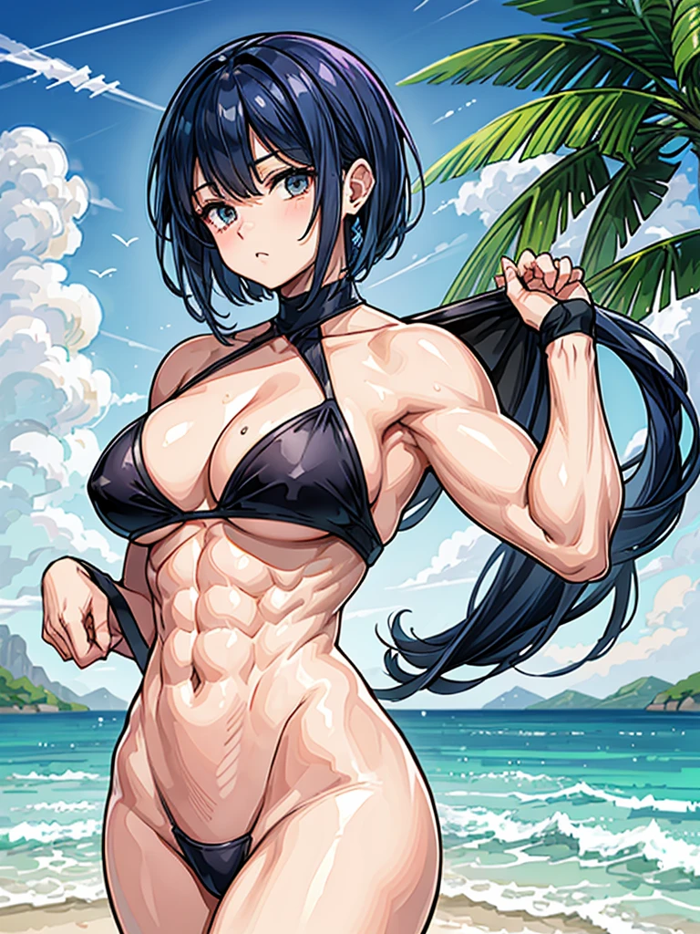 (((masterpiece、Highest image quality、highest quality、highly detailed unity 8kwallpaper)))、((Illustration of one girl))、(((beautiful girl)))、((blue hair、pixie cut:1.2、sidelocks))、(((tall、stocky build, thickset physique:1.3, muscular legs, broad shoulders, solid chest, flat chest:1.3)))、swimsuit、sandy beach