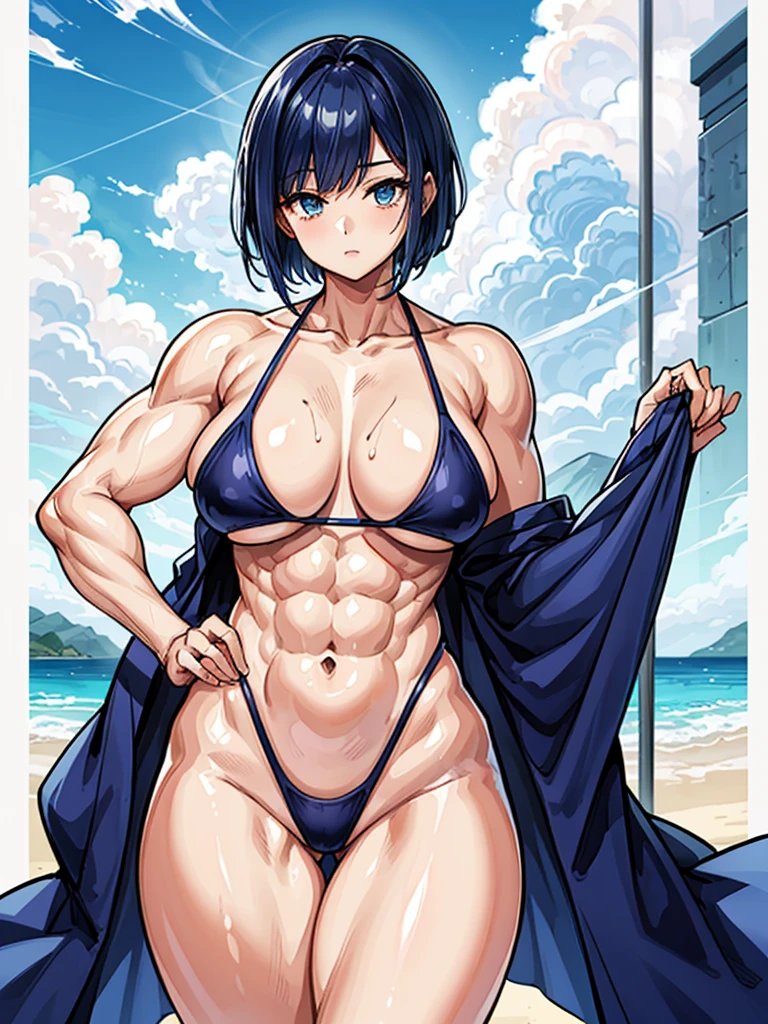 （（（masterpiece、Highest image quality、highest quality、highly detailed unity 8ｋwallpaper）））、（（Illustration of one girl））、（（（beautiful girl）））、（（blue hair、pixie cut：1.2、sidelocks））、（（（tall、stocky build, thickset physique：1.3, muscular legs, broad shoulders, solid chest, flat chest：1.3）））、swimsuit、sandy beach