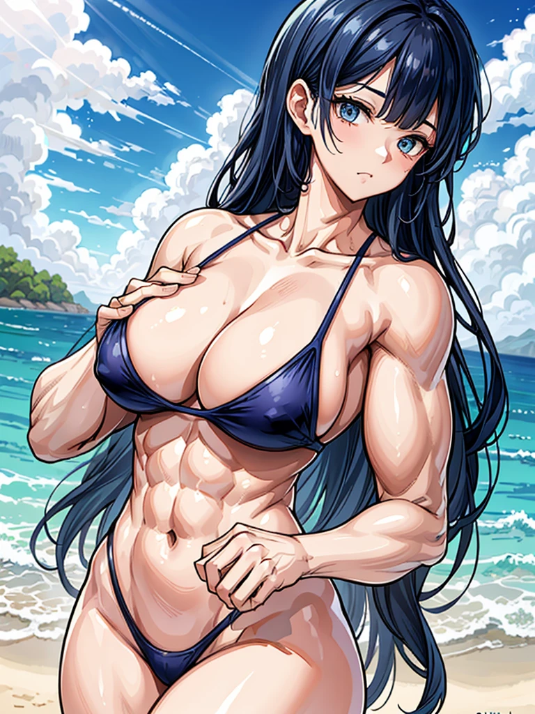 （（（masterpiece、Highest image quality、highest quality、highly detailed unity 8ｋwallpaper）））、（（Illustration of one girl））、（（（beautiful girl）））、（（blue hair、pixie cut：1.2、sidelocks））、（（（tall、stocky build, thickset physique：1.3, muscular legs, broad shoulders, solid chest, flat chest：1.3）））、swimsuit、sandy beach