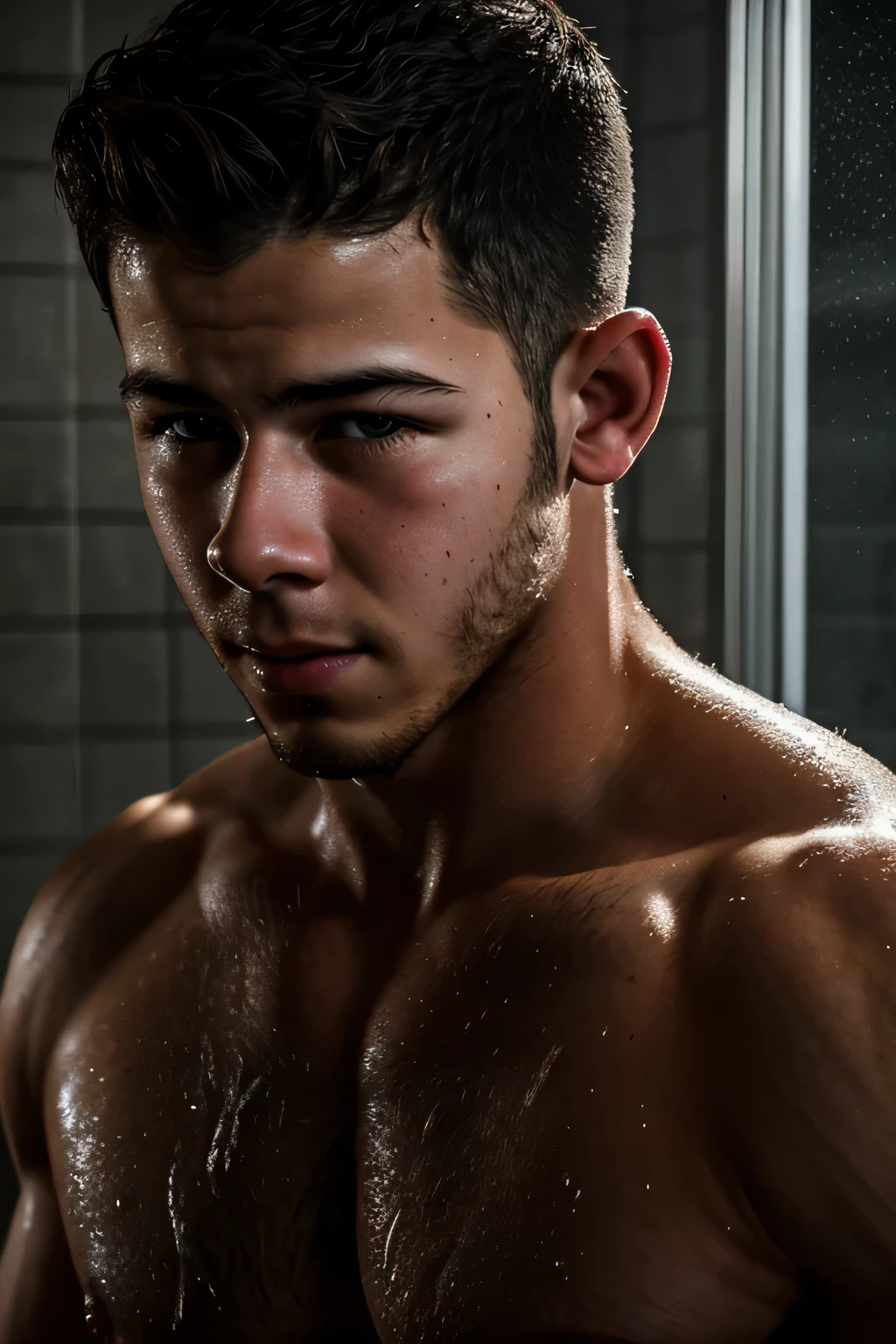 Portrait de Nick Jonas, spectaculaire, aux seins nus , poitrine poilue, Scène de douche, 8K, HDR, reflex numérique, ultra réaliste, spectaculaire, Haute qualité, fermer, graveleux