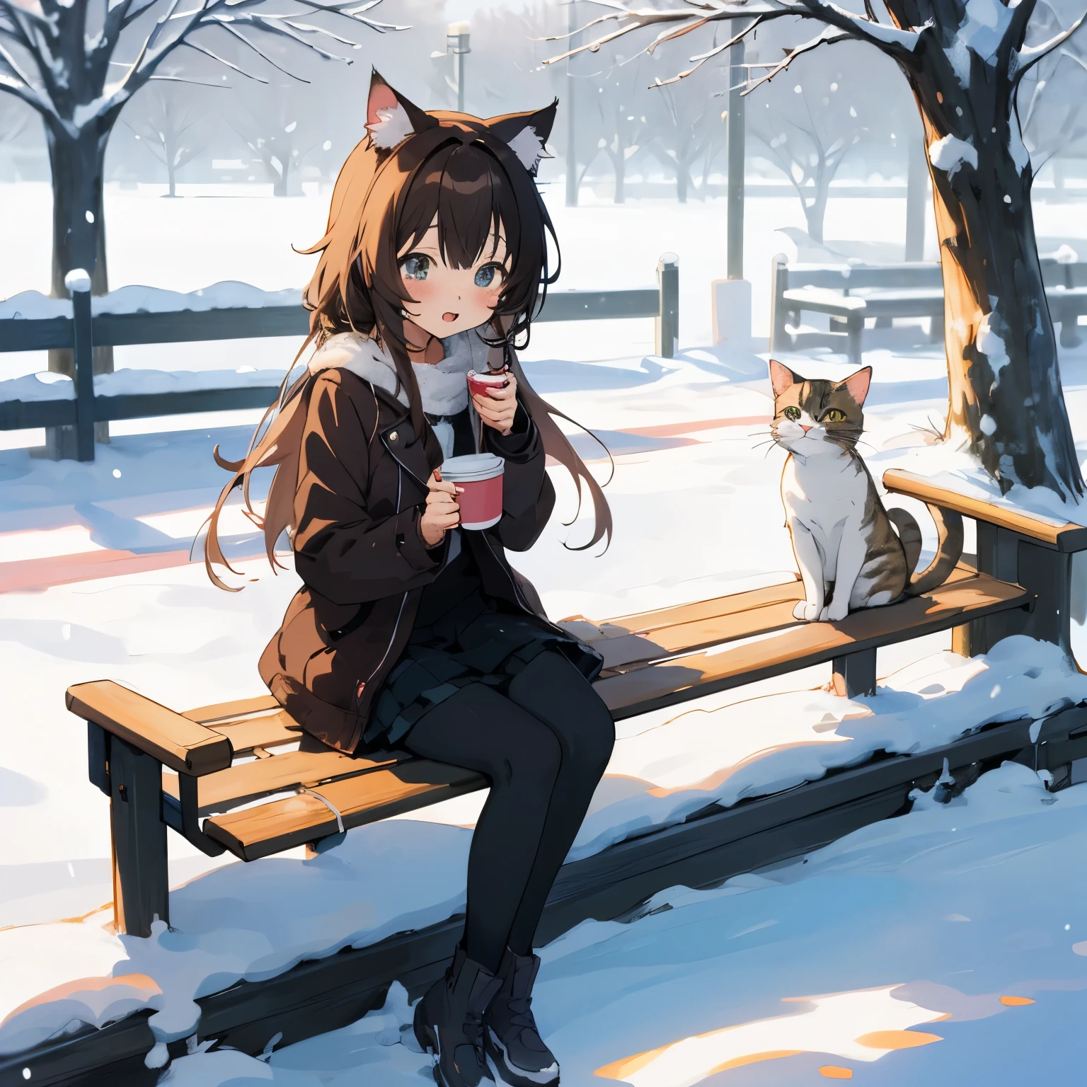 Anime character sitting on a bench drinking coffee with a cat, cute anime, anime style. 8K, anime style 4 k, cute anime style, cute art style, anime picture, cute anime catgirl, anime cat, cute catのアニメビジュアル, anime style illustration, in the snow, in anime style, anime girl with cat ears, cute cat