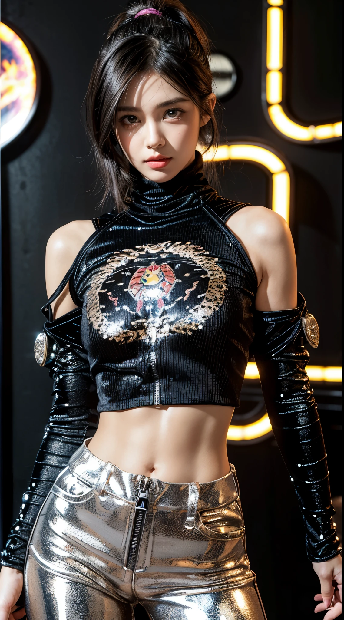 (Ultra-detailed eyes), (((textile shading))), (((Best Quality))), (((masutepiece))), (((Ultra-detailed CG))), sassy girl, (((magical little girl))), (Petite), (tiny chest), black short hair, black short hair, black short hair, pin up emo, ((gorgeous hair)), Pink eyes, (((hip-hop style, on fire in this printed turtle-neck long sleeves. Open Zipper Pants, Embroidered Velvet Animal Print Turtleneck, Therapy Suit Fire,y2k))), ((striking a pose)), (((Game CG)) (gorgeous, sassy, it girl), fancy jewelry, full led on background, sparkling led on background, retro light, hip-hop vibe, light led on background, light retro led, magic disco light led, strong 80s atmosphere,, cowboy shot, midshot, centered image, eye on camera, front look
