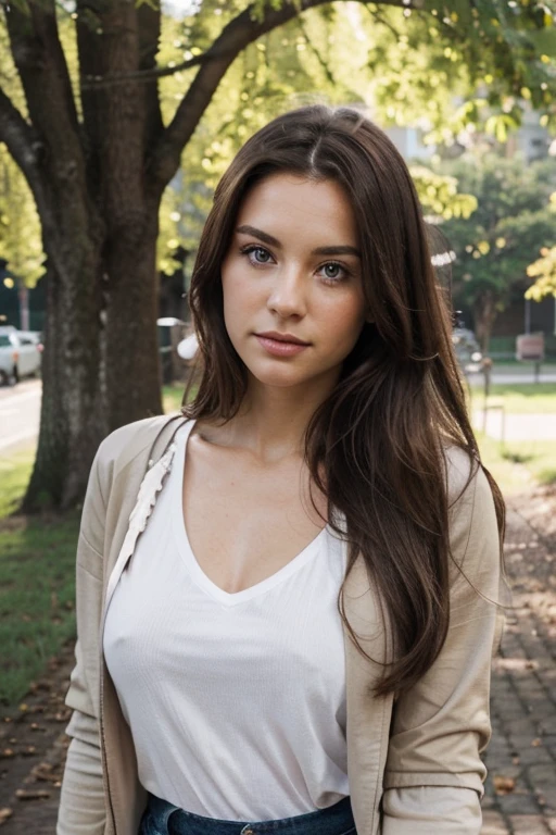Photorealistic portrait of a 25-year-old lady, very pretty with long, flowing dark brown hair and grey eyes. She have a natural, approachable expression and be illuminated by the bright light of the sun. The background should be a scenic outdoor setting, maybe a park. She is wearing a white top with a neckline and a beige jacket. Capture this image with a high-resolution photograph using an 85mm lens for a flattering perspective. lighter eye color.