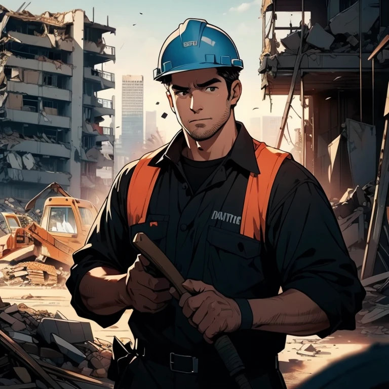 Looking at viewer, black eyes, figure holding a large hammer, ultra realistic capture, high definition, high resolution 16K human skin close-ups. Skin should be healthy and even in tone. Natural light and colors shall be used. In front of heavy equipment, Japanese, 50s, (building demolition site: 1.3), uncle, black GI cut, construction worker, ((construction safety helmet: 1.1)), (dirty work clothes: 1.1)), stubble, rugger man body type,