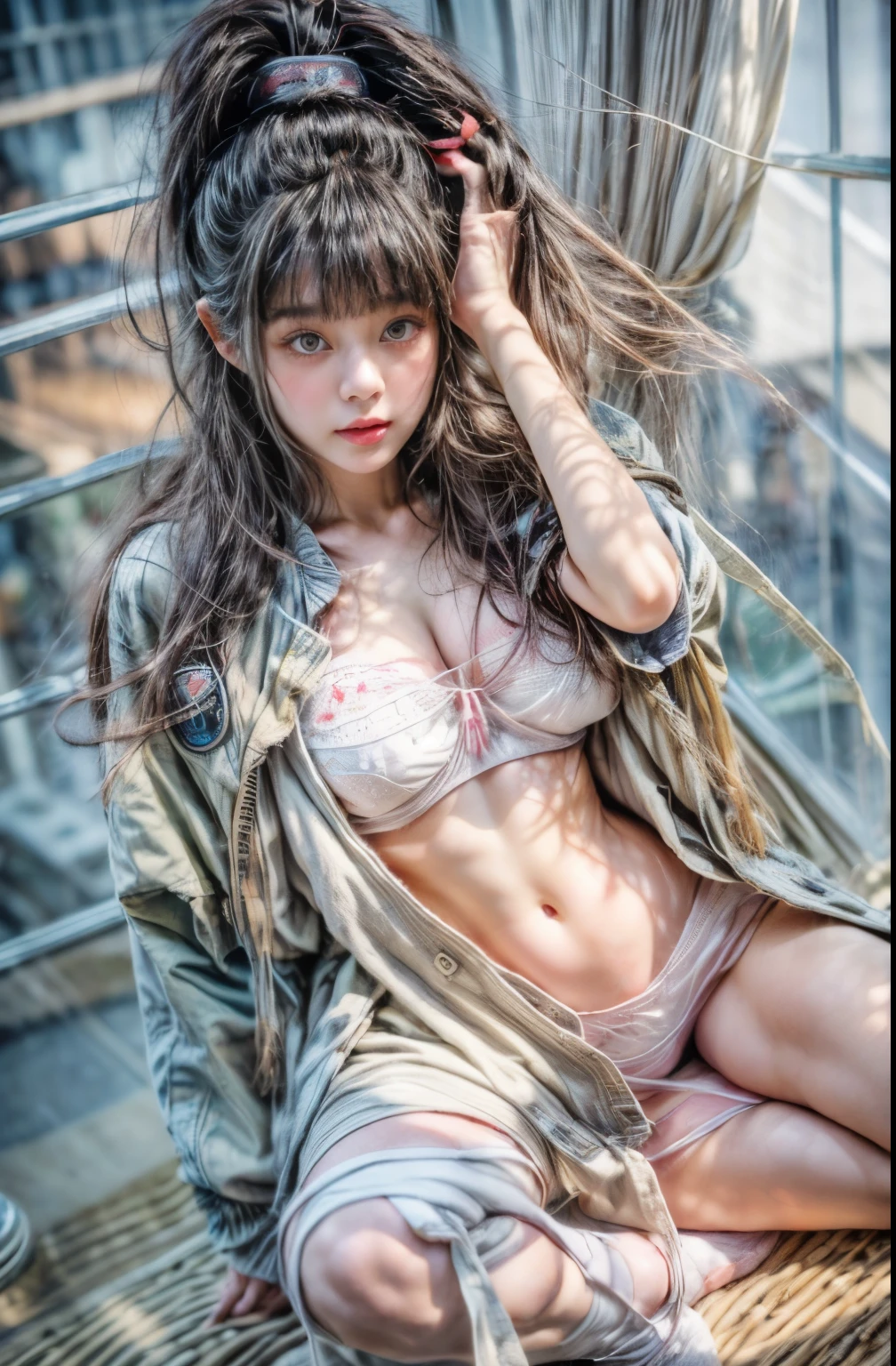 masterpiece、8K、32K、highest quality、(Detailed both eyes)、(cute japanese woman、bangs:1.3)、23 years old、1 girl、elegant、black hair、(retro、film camera:1.4)、(huge boobs:1.2)、School、(stage:1.2)、(Jacket、Panty shot:1.5)、(Crab crotch:1.4)