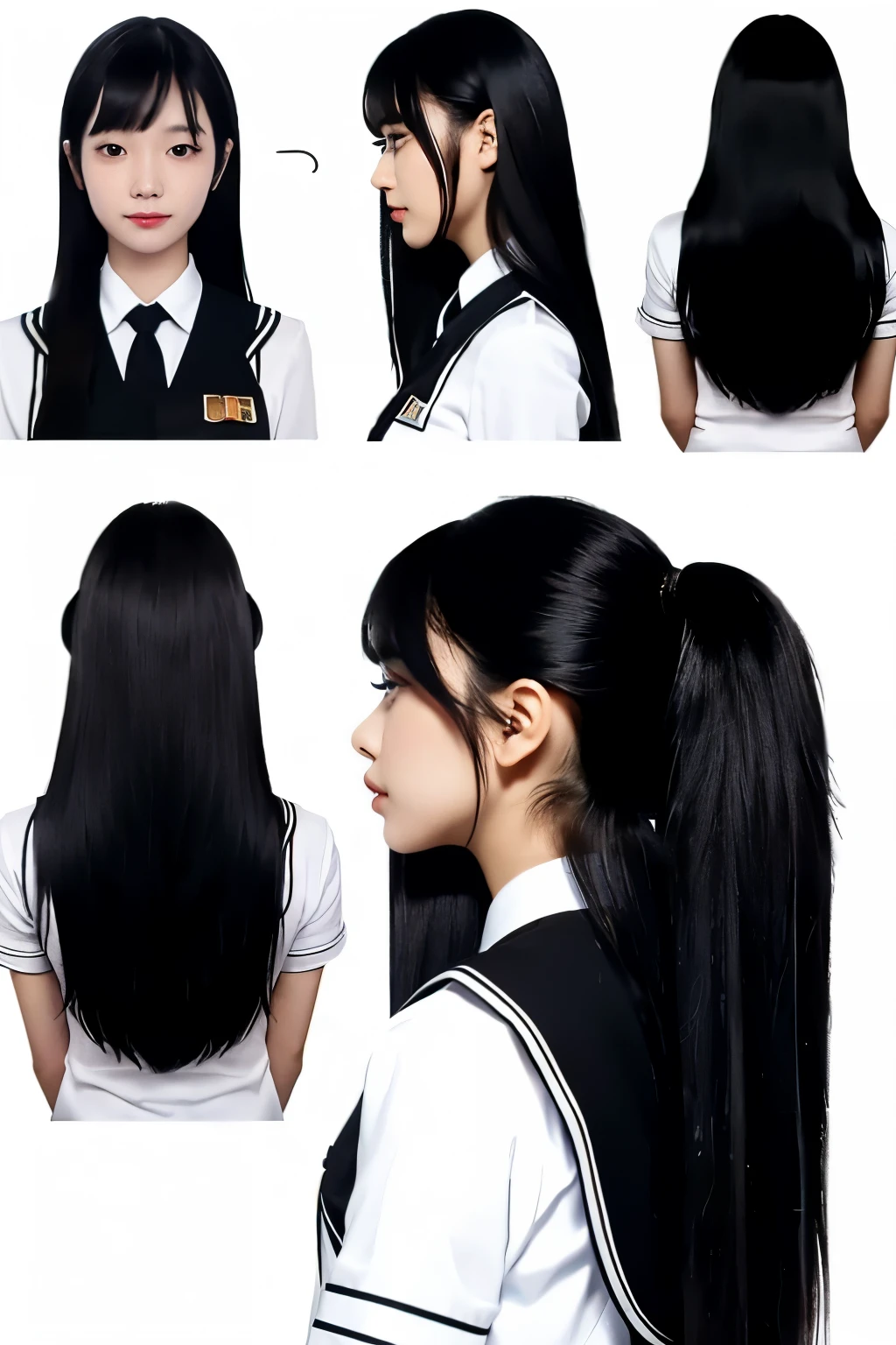 illustration beautiful girl long hair black hair black uniform two-dimensional back view