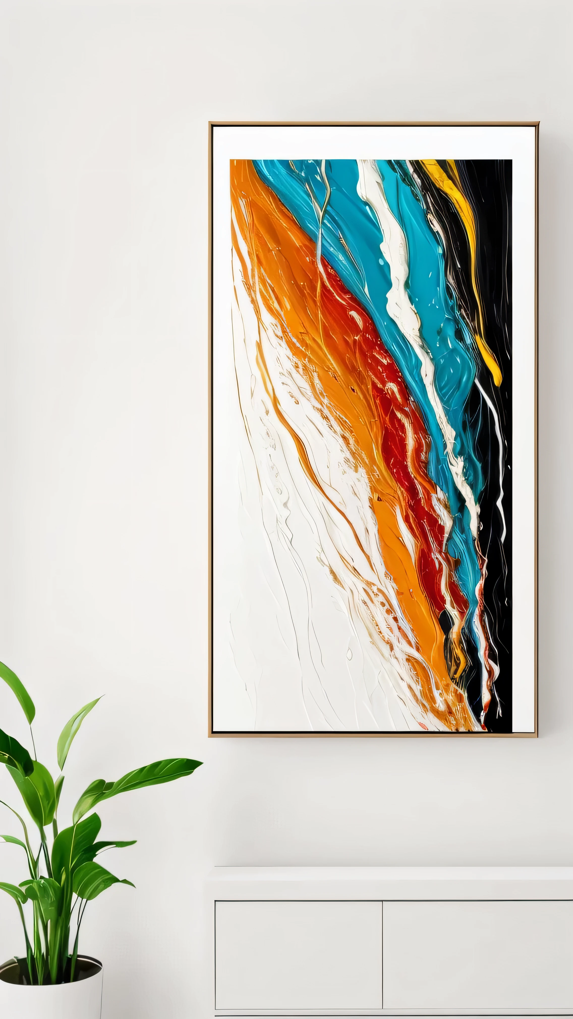 a close up of a painting on a wall in a room, glossy painting, brush stroke oil painting, canvas art print, intricate flowing paint, modern art style, abstract liquid acrylic art, abstract minimalist painting, ultrafine detailed painting, elegant and refined painting, brush strokes oil painting, clean elegant painting, abstract painting oil on canvas, glaze oil painting, detailed paintings