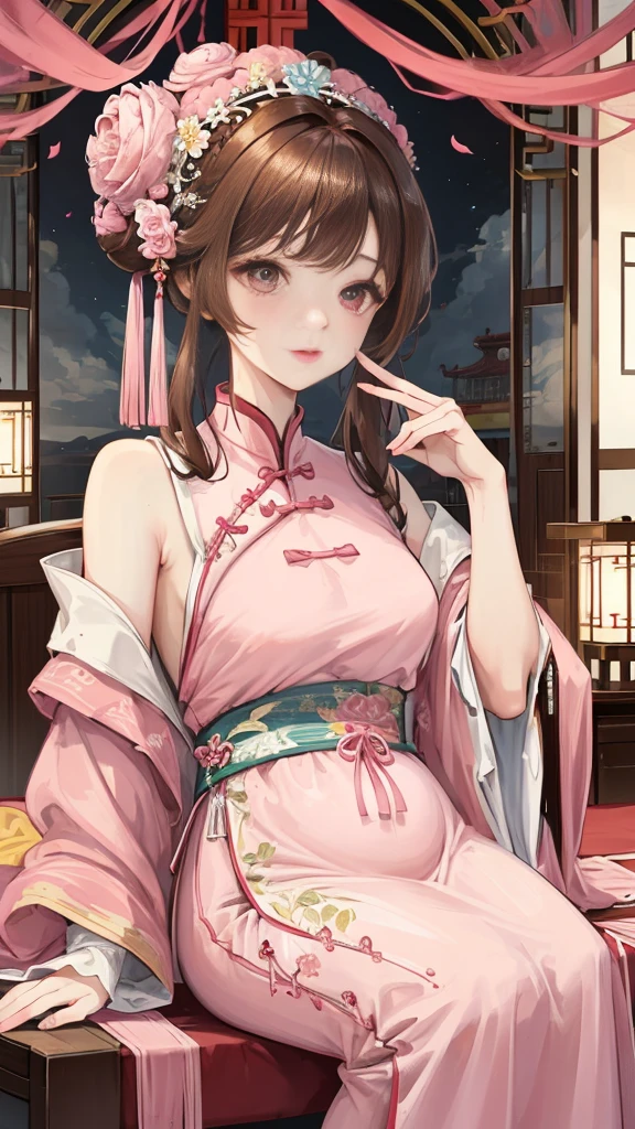 masterpiece, best quality, seaside, banquet, 1 female, mature woman, elegant, Chinese style, China, elder sister, Royal elder sister, happy, meatball head, light brown hair, pink eyes, Gorgeous headdress, Light pink lips, pink clothes, yarn clothing, intellectuals, Full bangs, flat bangs, Flower bulbs, The face shape is delicate,pregnancy