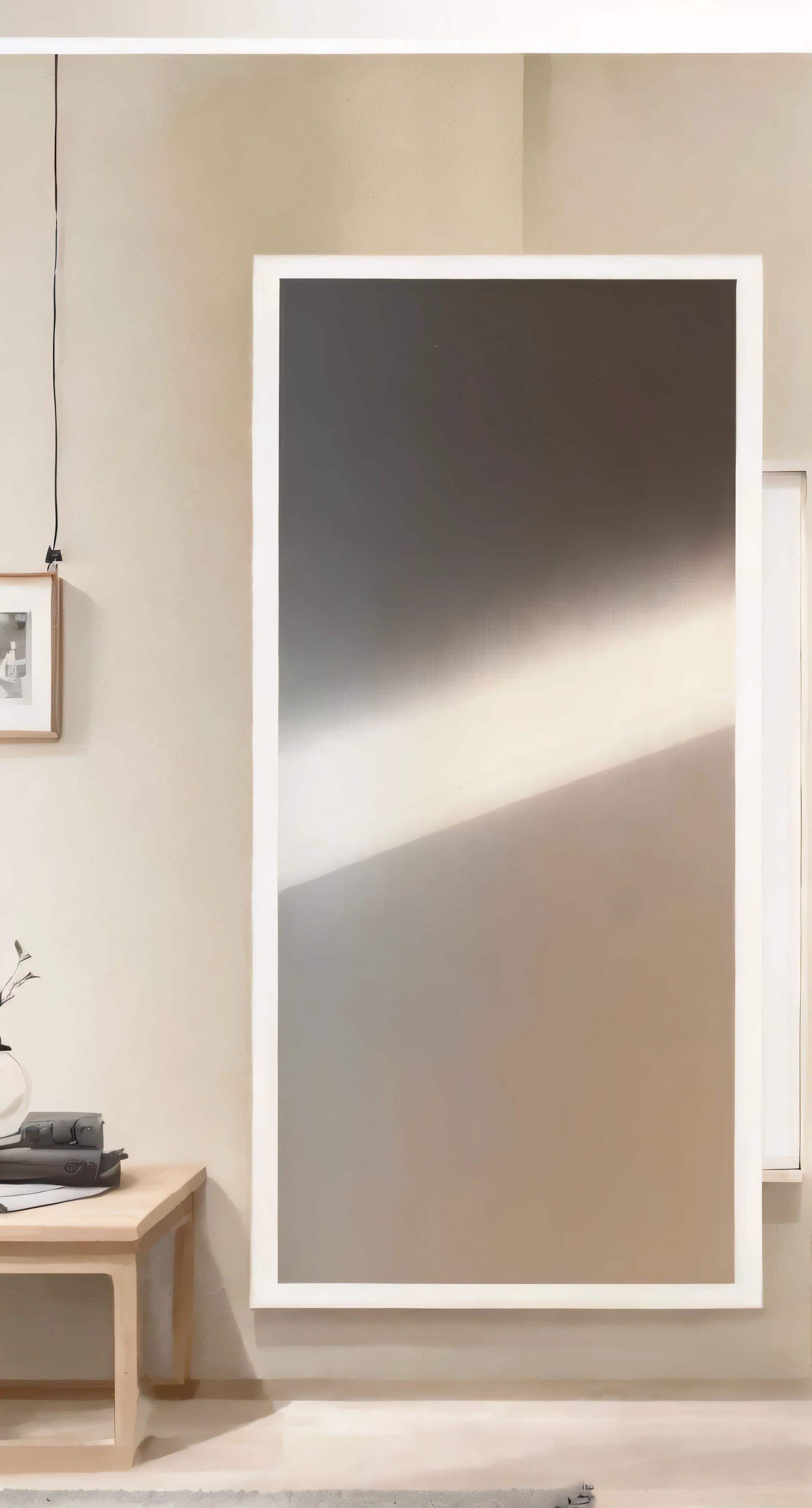 a close up of a chair in front of a picture on a wall, abstract minimalist painting, gradient brown to silver, sand - colored walls, minimalist painting, abstract minimalism art painting, flat grey color, hanging scroll on wall, bedroom background, wallpaper design, light cream and white colors, dark beige grey background, flat grey background, light - brown wall