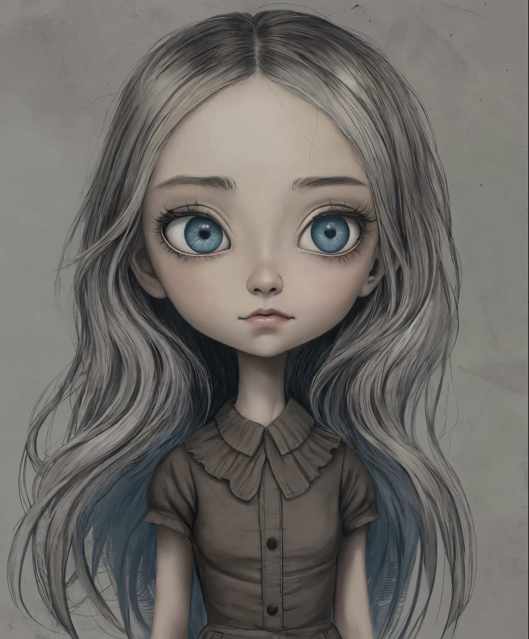 Un primer plano de una chica muy triste con el pelo largo (rubio) y los ojos grandes y azules, Anton Semenov, Mark Ryden muy detallado, Estilo Mark Ryden, Mark Ryden en el estilo de, Estilo de Mark Ryden, inspirado por Mark Ryden, Naoto Hattori, Adorable pintura digital, cara linda. DarkFantasy, Estilo Wlop Loish y Clamp