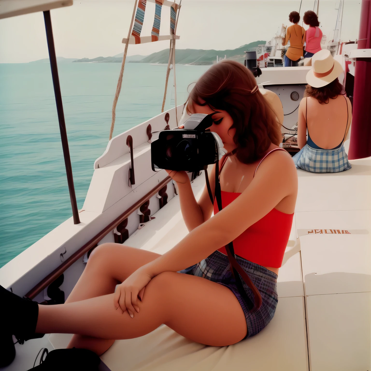 woman sitting em um barco with camera taking a picture of a group of people, em um iate no mar, em um barco, fotografia amadora dos anos oitenta, no arco, Fotografia a cores VHS, fotografia de filme colorido anos 1970, no mar, fotografia de filme de 7 0 s, Tiro com um Arriflex 35 II, alta qualidade, obra prima, 8k