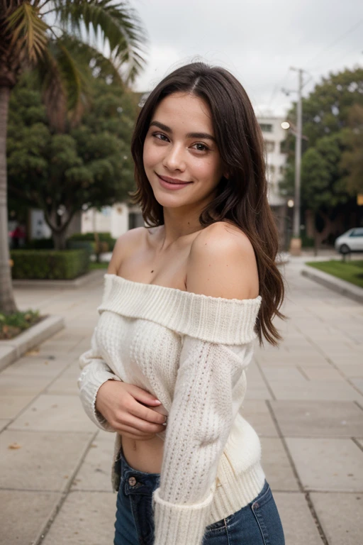 ((Mejor calidad)), ((obra maestra)), (detallado), cara perfecta, mandy kay, sonriente, off-shoulder sweater, cabello rizado, 18 years old, looking to the camera,primera plana, mirando de costado