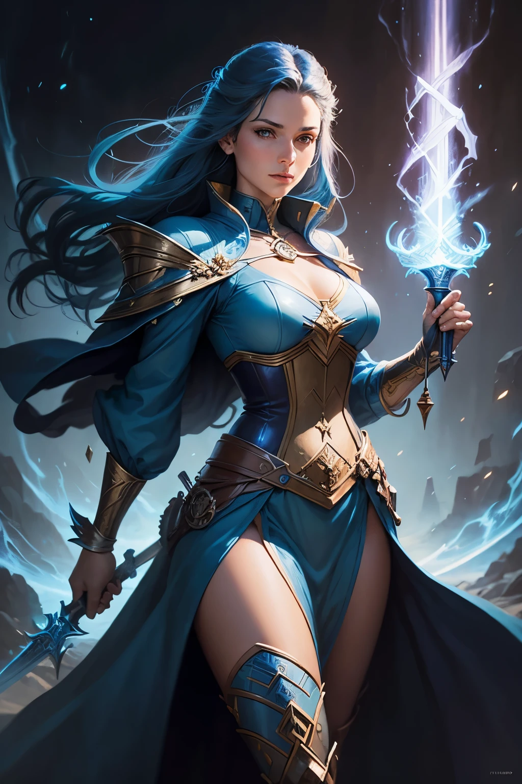 painting of a female in a blue outfit holding a glowing sword, full portrait of elementalist, full portrait of electromancer, thunder mage, light sorcerer, virgil finlaytim hildebrandt, full art, wind sorcerer,style magic the gathering art, mtg art, magic : the gathering art