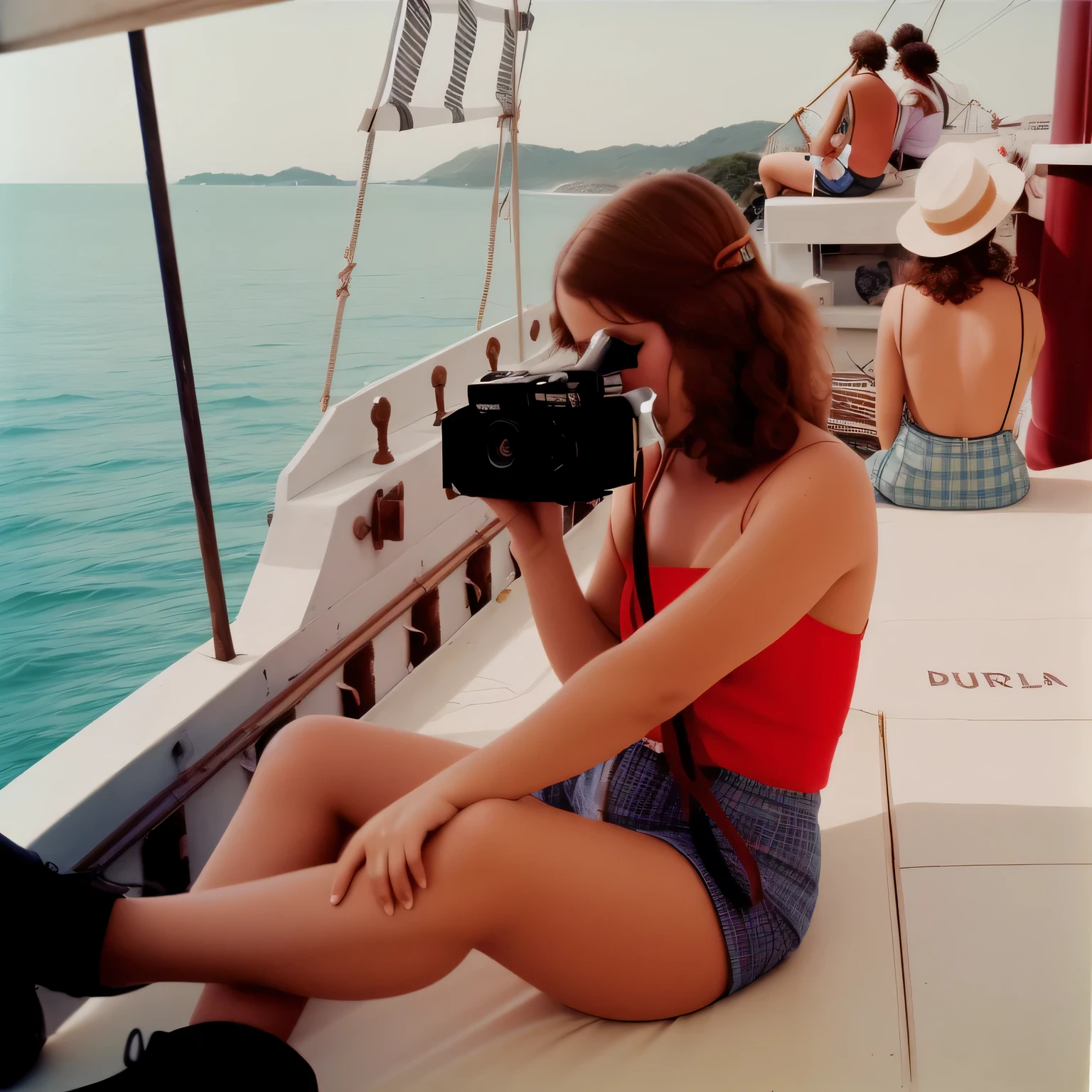 woman sitting em um barco with camera taking a picture of a group of people, em um iate no mar, em um barco, fotografia amadora dos anos oitenta, no arco, Fotografia a cores VHS, fotografia de filme colorido anos 1970, no mar, fotografia de filme de 7 0 s, Tiro com um Arriflex 35 II, alta qualidade, obra prima, 8k