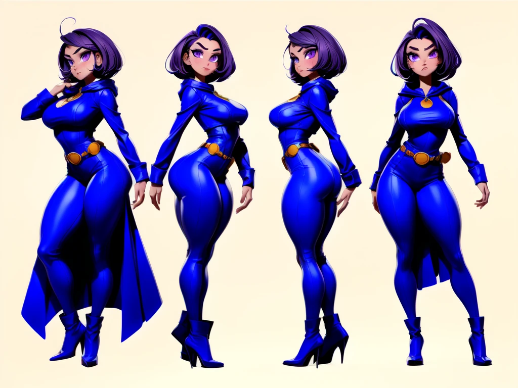 (((character sheet, front view, side view, back view, pose, concept, flat color, plain color))), (Shadman art:1.2), (big blissful eyes:1.2), (reclined), (curvy body:1.2), (highly detailed:1.2), (detailed face and eyes:1.2), (huge breasts:1.2), (busty), (deep cleavage), (breasts bulging:1.3),1girl,solo,RavenTT, dynamic post ,navy-blue cloak, brooch, leotard, belt,short hair,purple hair, purple eyes,black lipstick,grey skin,curvy,wide hips